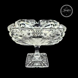 Vintage Hand Cut Frosted Etched Floral Crystal Square Pedestal Compote Dish